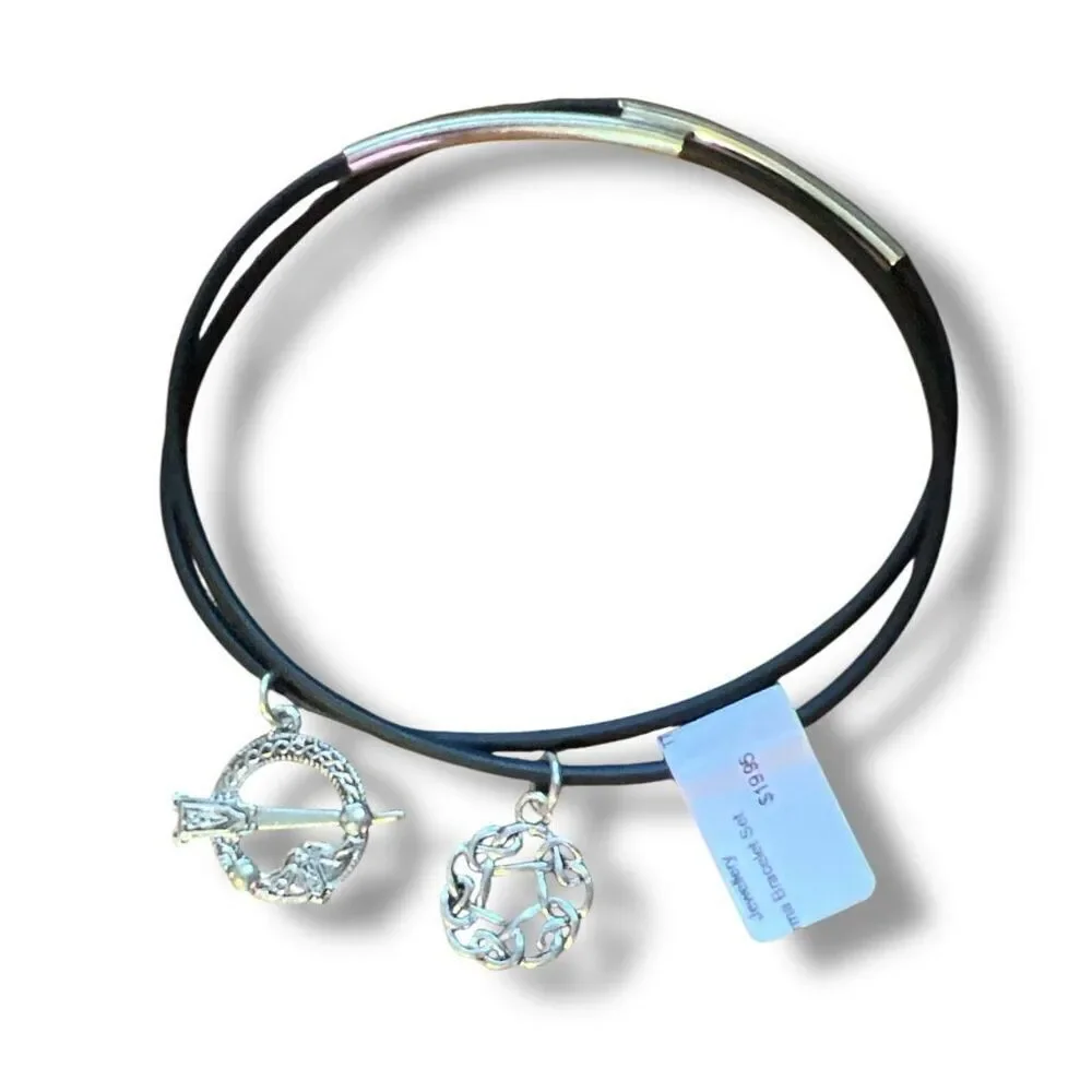 Set of Two Celtic-Inspired Black Jelly Bracelets with Silver Tone Charms